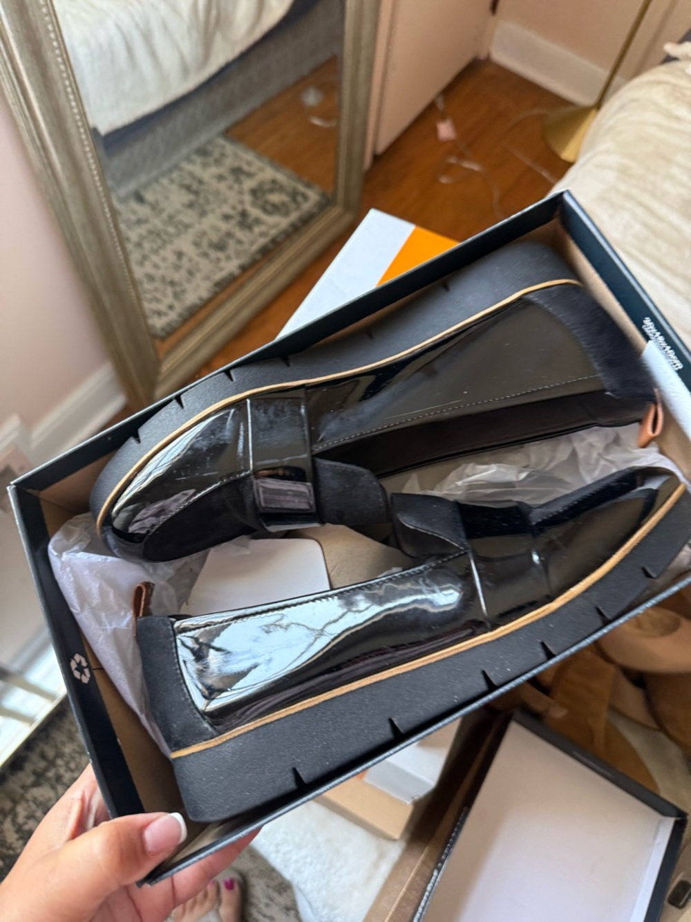 Dr. Scholl's Black Patent Loafers with Tan Trim